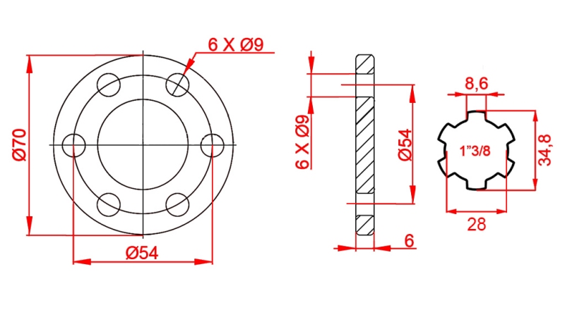 ADATTATORE CARDANICO CON FLANGIA 6 FORI 1-3/8 (90 mm)