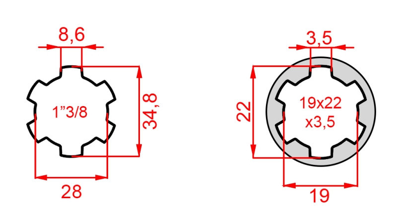 ADAPTATEUR CARDAN DE 19x22x3,5 (10 CANNELURES) À 1-3/8 (120 mm)