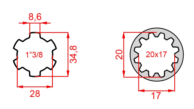 KARDANADAPTER FRA 20x17 (12 SPLINES) TIL 1-3/8 (120 mm)