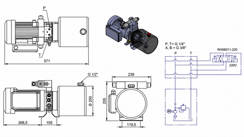 MINI CENTRALE HYDRAULIQUE 230V AC (1.5 kW) - 5.8 cc - 8.2 lit/min - réservoir 6 lit