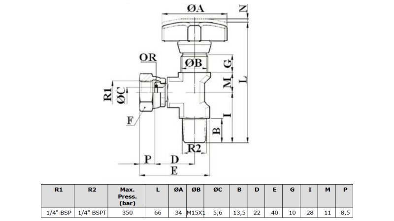 VANNE HYDRAULIQUE POUR MANOMÈTRE 90° - dimensions