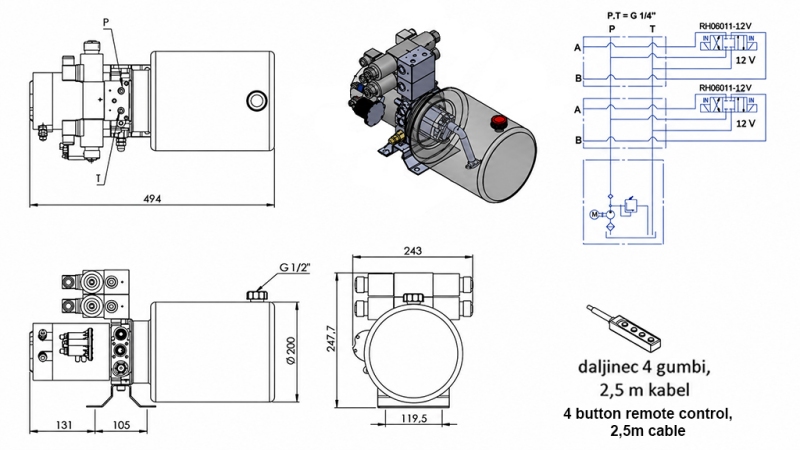 MINI HIDRAULIKUS AGGREGÁTOR 12 V DC - 1,6kW = 2,1cc - 8 lit - 2x kétirányu (fém)
