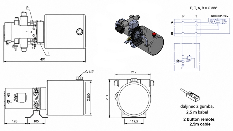MINI UNITATE DE PUTERE HIDRAULICĂ 24V DC - 2.2kW = 2.1cc - 8 lit - unitate bidirecțională (metal)