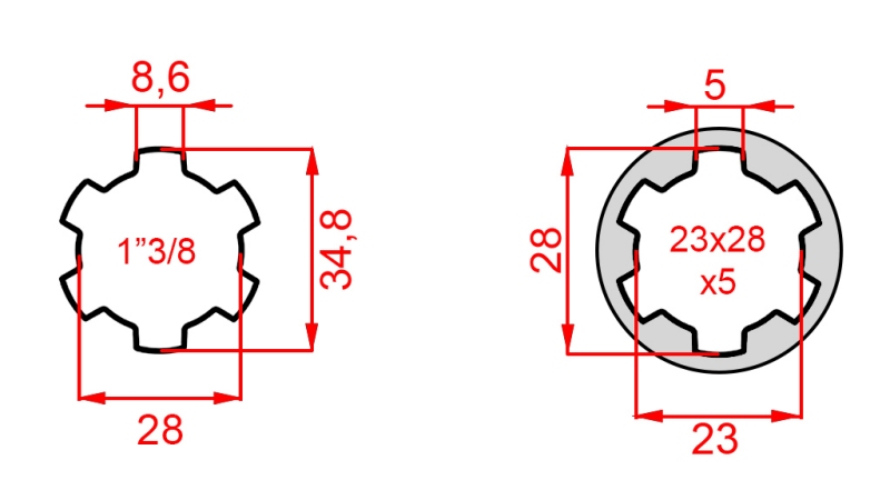 ADAPTOR CARDANIC DE LA 23x28x6 (6 CANELURI) LA 1-3/8 (140 mm)