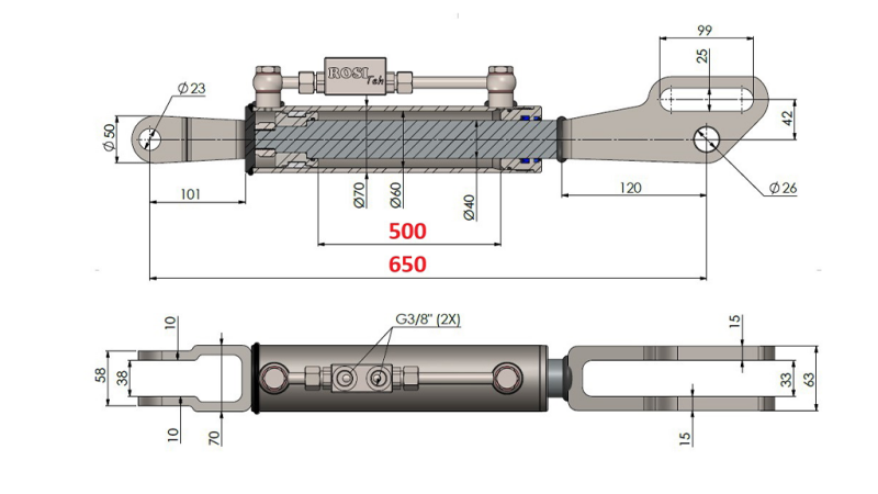 FOURCHE DE TIRANT/BIELLETTE LATERAL HYDRAULIQUE 2T - 60/40-150 (500MM-650MM)