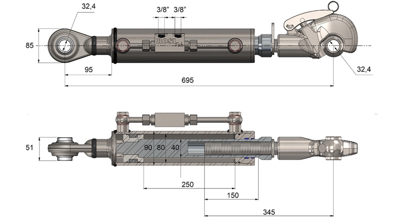 TIRANT/BIELLETTE SUPERIEUR DE RELEVAGE HYDRAULIQUE FILETE AVEC CROCHET - CAT. 3 - 80/40-250 (+95 HP) (32,2 mm)