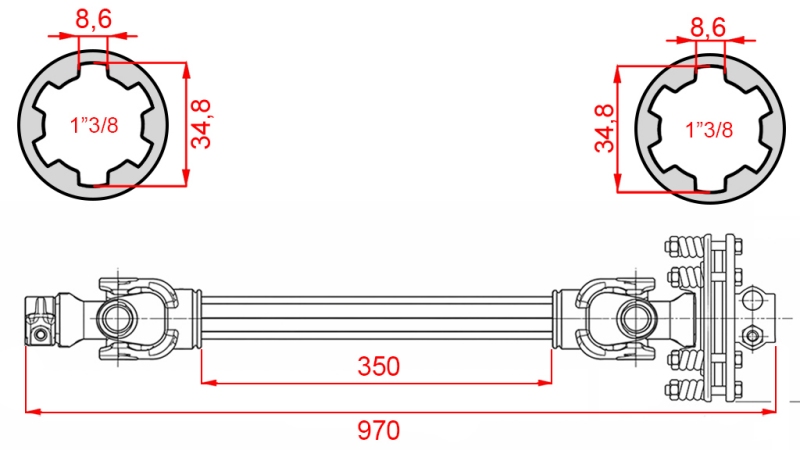 ECO KARDANOVÝ HŘÍDEL 970mm 70-110HP S TŘECÍ SPOJKOU