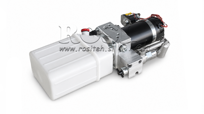 UNITÉ HYDRAULIQUE MINI 24V CC - 0.8KW = 0.5CC - 1.5 LITRES - UNITÉ À ACTION UNIQUE (PVC) AVEC POMPE MANUELLE