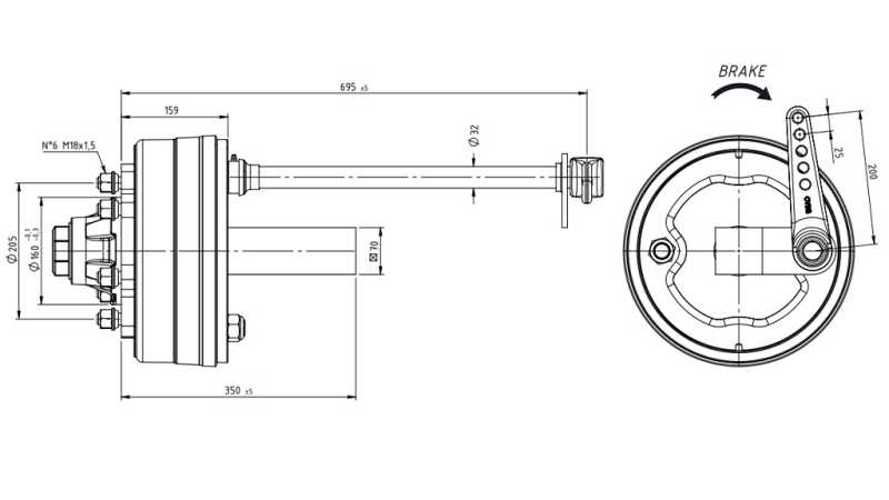ESSIEU AVEC FREINS 3.600 KG L.250 MM