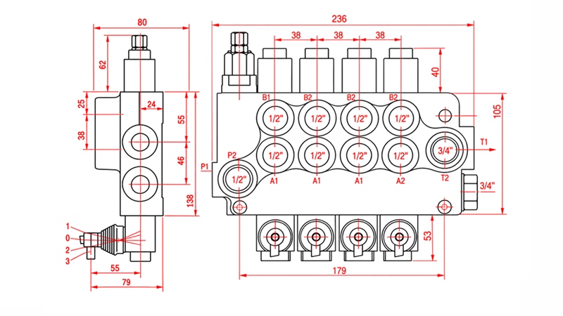 DISTRIBUTEUR HYDRAULIQUE MANUEL – 4 SECTIONS 4xR80 ECO