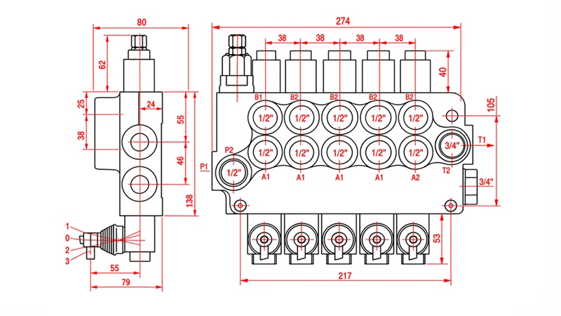 DISTRIBUTEUR HYDRAULIQUE MANUEL – 5 SECTIONS 5xR80 ECO
