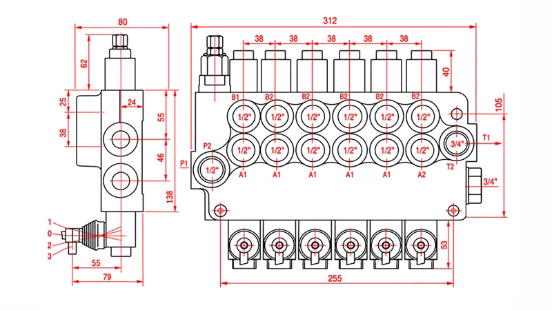 DISTRIBUTEUR HYDRAULIQUE MANUEL – 6 SECTIONS 6xR80 ECO