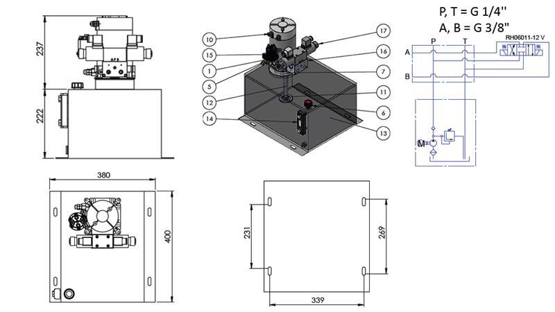 AGGREGAT HYDRAULIQUE MINI 12V CC - 1.6kW = 2.1cc - 25 lit - assemblage à double direction (métal)