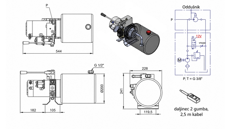 UNITÀ DI POTENZA IDRAULICA MINI 12V DC - 1.6KW = 2.1CC - 8 LITRI - UNITÀ MONOFASE CON POMPA MANUALE