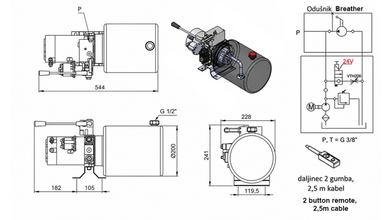 MINI CENTRALE HYDRAULIQUE 24V DC - 2.2kW = 2.1cc - 8 litres - unité monophasée AVEC POMPE MANUELLE