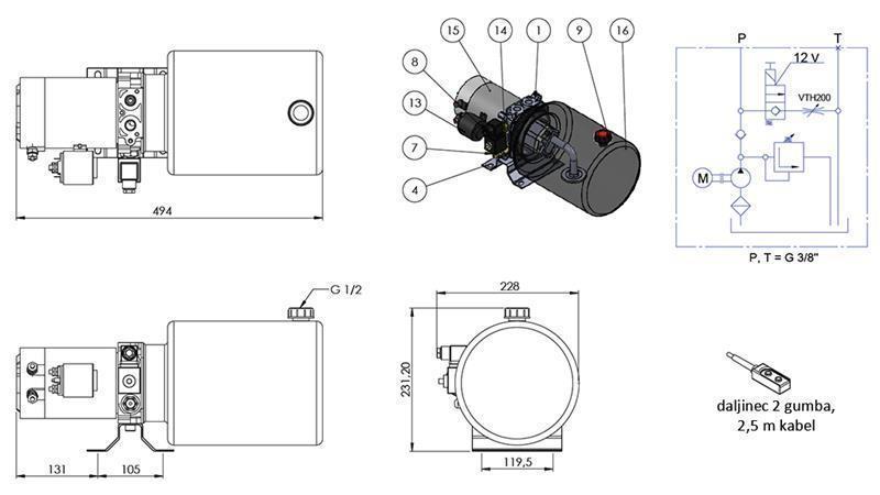 AGGREGAT HYDRAULIQUE MINI 12V CC - 1.6kW = 2.1cc - 8 lit - assemblage à direction unique (métal)