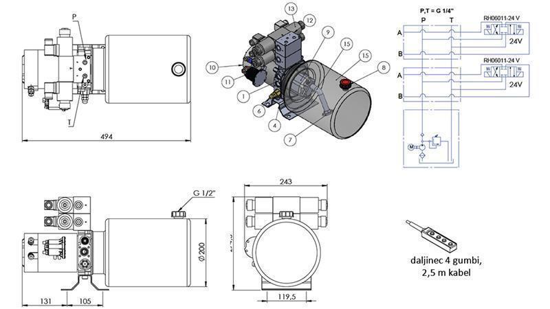 AGGREGAT HYDRAULIQUE MINI 24V CC - 2.2kW = 2.1cc - 8 lit - assemblage bidirectionnel 2x (métal)