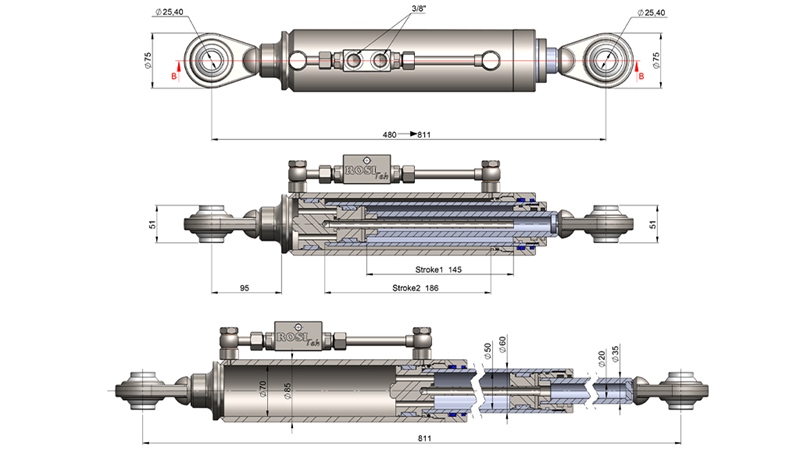 BARRE DE POUSSÉE TÉLESCOPIQUE 3ÈME POINT HYDRAULIQUE STANDARD - CAT. 2 (45-95 HP) - 480-811 mm (25,4/25,4 mm)