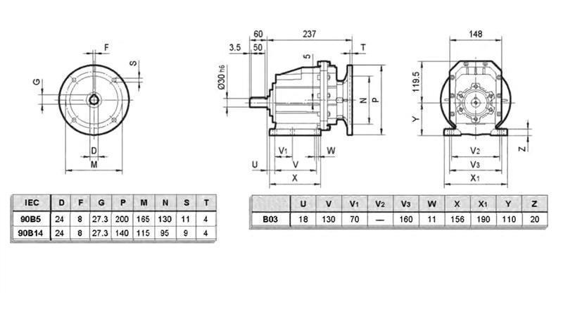 RÉDUCTEUR ERC03 POUR MOTEUR ÉLECTRIQUE MS90 (1.1-1.5kW) RATIO 25:1