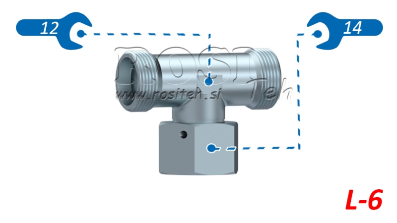 HYDRAULIC TEE L-6 WITH CENTRAL SWIVEL NUT M12X1,5