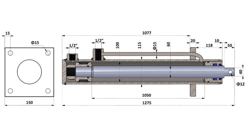 CYLINDRE HYDRAULIQUE AVEC PLAQUE DE MONTAGE 100/60-1050 AVEC TUYAUX