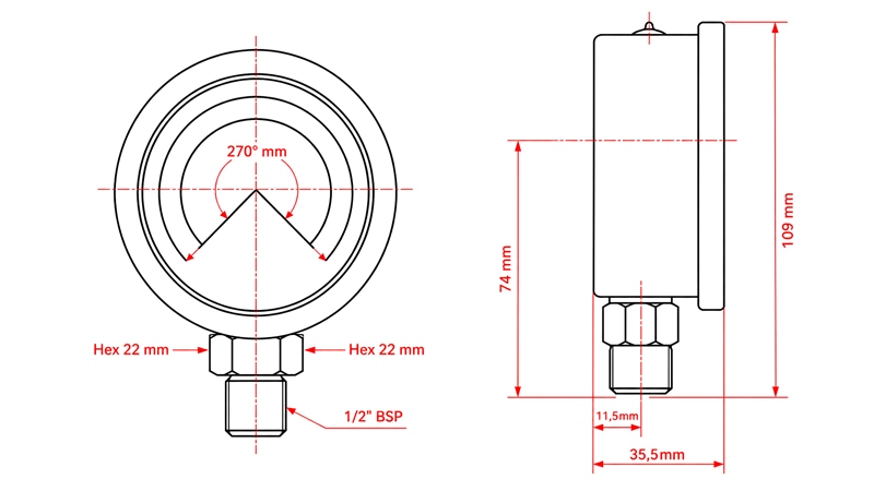 MANOMETER DN100 VERTICAAL 0 - 40 BAR - 1/2