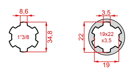 PTO ADAPTER FROM 19x22x3,5 (10 SPLINES) TO 1-3/8 (120 mm)