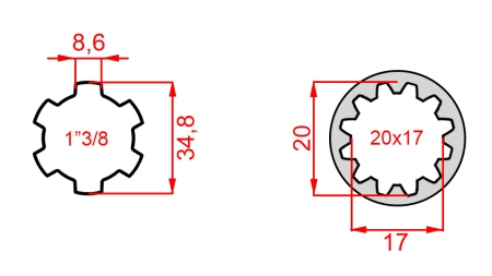 PTO ADAPTER FROM 20x17 (12 SPLINES) TO 1-3/8 (120 mm)