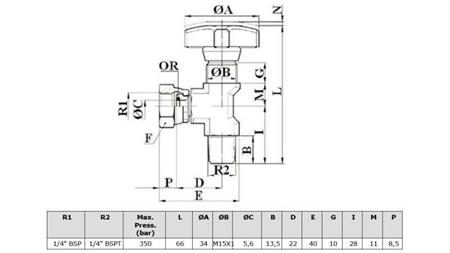 VANNE HYDRAULIQUE POUR MANOMÈTRE 90° - dimensions