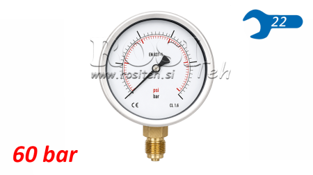 MANOMETRS DN100 VERTIKĀLS 0 - 60 BAR - 1/2