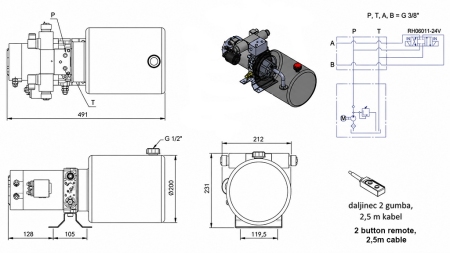 MINI UNITATE DE PUTERE HIDRAULICĂ 24V DC - 2.2kW = 2.1cc - 8 lit - unitate bidirecțională (metal)