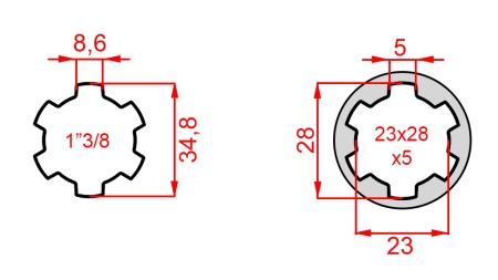 KARDAN ADAPTER VAN 23x28x6 (6 SPLINES) NAAR 1-3/8 (140 mm)