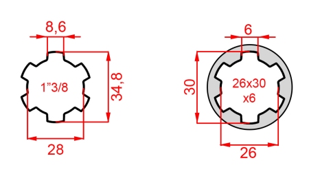 ADATTATORE CARDANICO DA 26x30x6 (6 SCANALATURE) A 1-3/8 (140 mm)