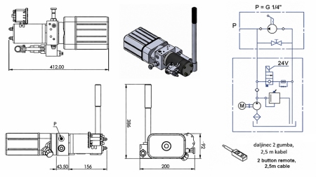 UNITÉ HYDRAULIQUE MINI 24V CC - 0.8KW = 0.5CC - 1.5 LITRES - UNITÉ À ACTION UNIQUE (PVC) AVEC POMPE MANUELLE