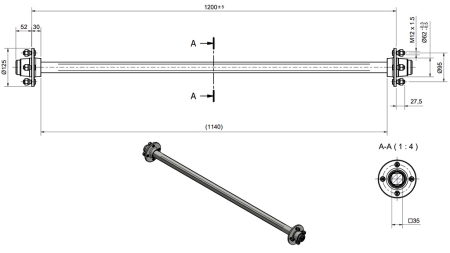 ESSIEU POUR REMORQUE 950 KG SANS FREIN (1200 MM)