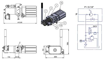 MINI HYDRAULICKÝ AGREGÁT 24V DC - 0.8kW = 0.5cc - 1.5 lit - jednofázová jednotka (PVC) s manuálnou pumpou
