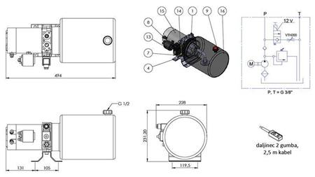AGGREGAT HYDRAULIQUE MINI 12V CC - 1.6kW = 2.1cc - 8 lit - assemblage à direction unique (métal)
