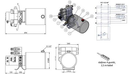 AGGREGAT HYDRAULIQUE MINI 24V CC - 2.2kW = 2.1cc - 8 lit - assemblage bidirectionnel 2x (métal)
