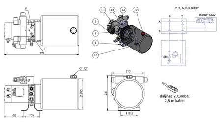 AGGREGAT HYDRAULIQUE MINI 24V CC - 2.2kW = 2.1cc - 8 lit - assemblage à double direction (métal)