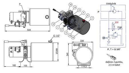 MINI HYDRAULICKÝ AGREGÁT 12V DC - 1.6kW = 2.1cc - 8 lit - jednosmerná zostava S RUKOVÄŤOVOU PUMPOU