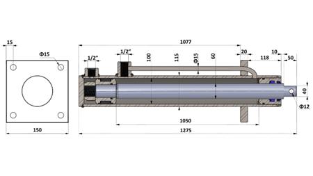 CYLINDRE HYDRAULIQUE AVEC PLAQUE DE MONTAGE 100/60-1050 AVEC TUYAUX