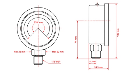 MANOMETER DN100 VERTICAAL 0 - 600 BAR - 1/2