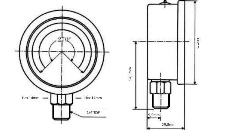 MANOMETER DN63 VERTIKÁLNY 0 - 160 BAR - 1/4-dimenzie