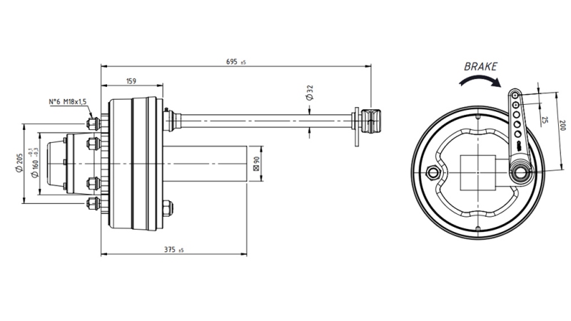 ESSIEU AVEC FREINS 5,250 kg l.290 mm