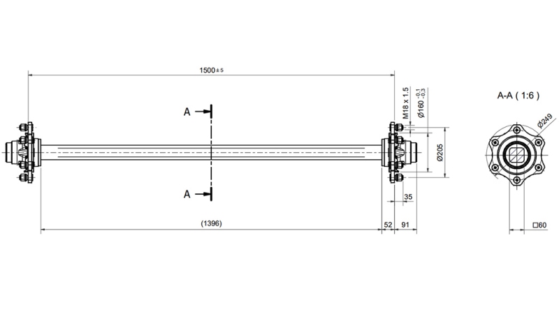 AXEL FÖR SLÄP 4800 KG UTAN BROMS (1500 MM)