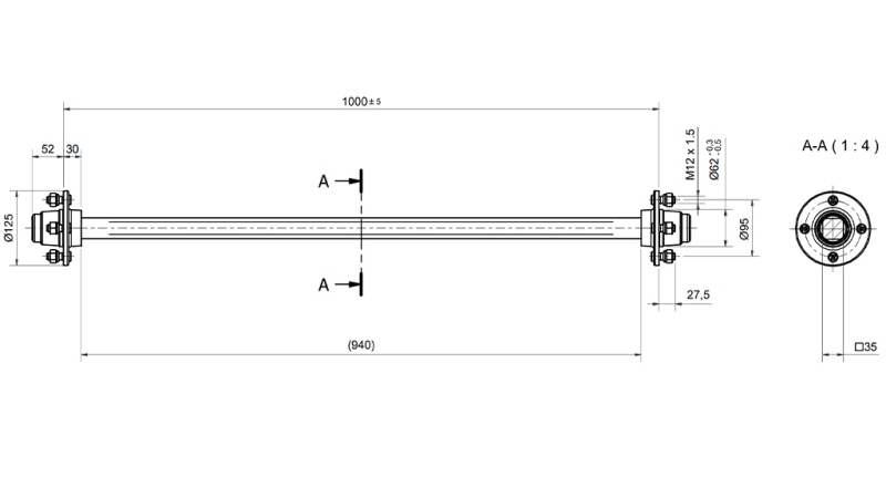 AXLE FOR TRAILER 950KG WITHOUT BRAKE (1000 MM)