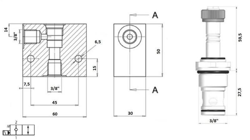 VANNE 2 VOIES 3/8 (NC) 12V - 40lit - schéma