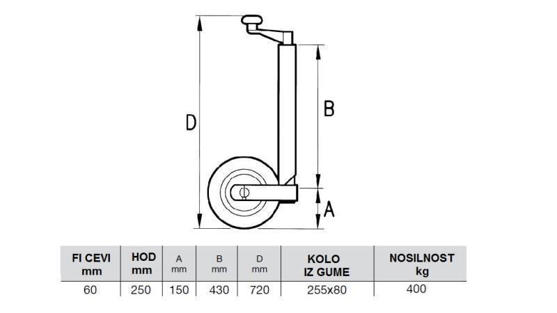 PIED DE SUPPORT REMORQUE AUTO 250mm-400kg